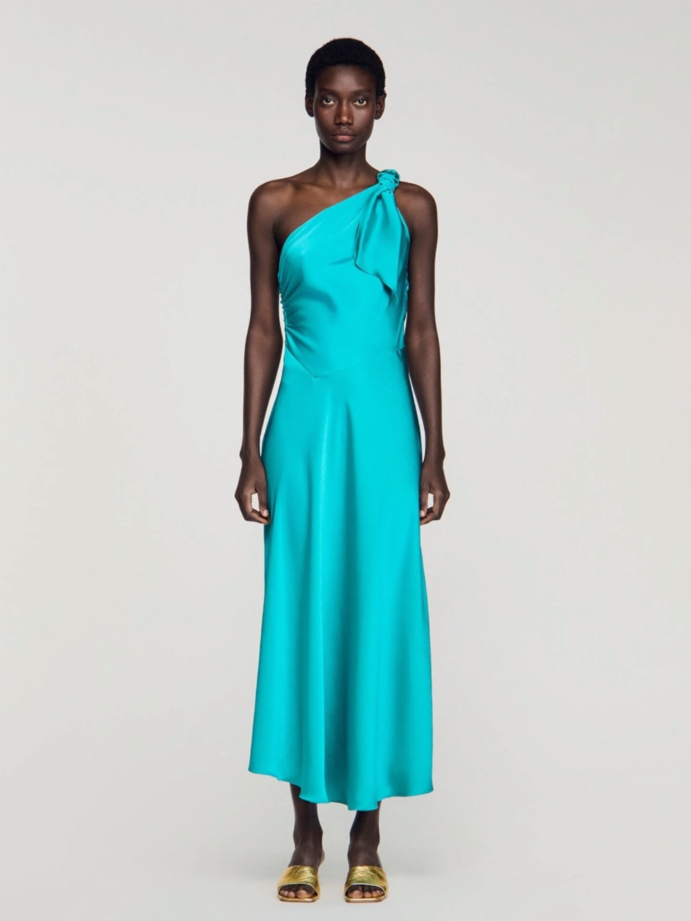 Sandro Teal One-Shoulder Satin-Effect Maxi Dress with Bow